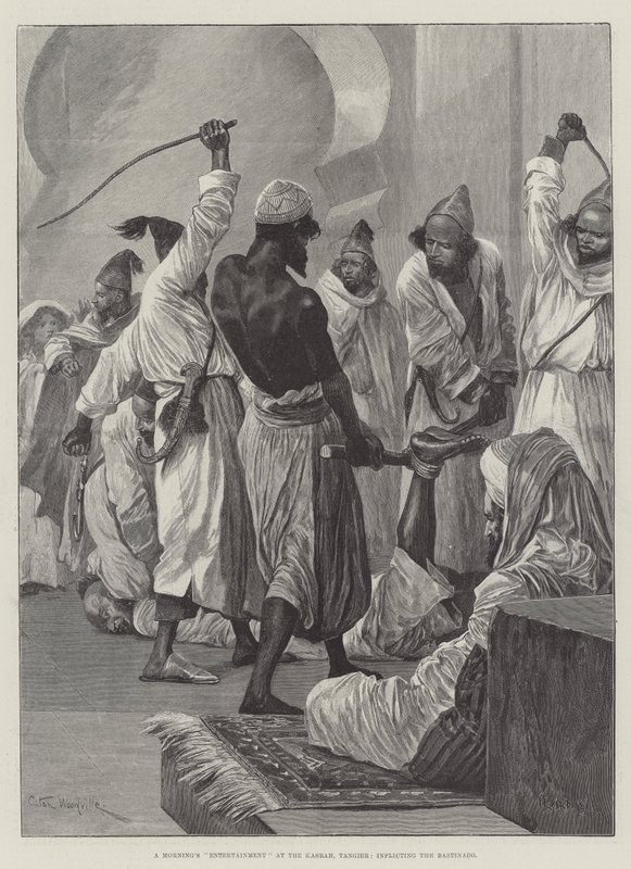 在丹吉尔的卡斯巴（Kasbah）举行的早间娱乐活动，将巴斯蒂纳多（Bastinado）打造 作者 理查德·卡顿·伍德维尔初级