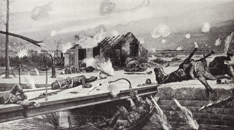 1914年8月23日，Lance-Corporal Charles Jarvis在比利时Jemappes炸毁桥梁 作者 理查德·卡顿·伍德维尔初级