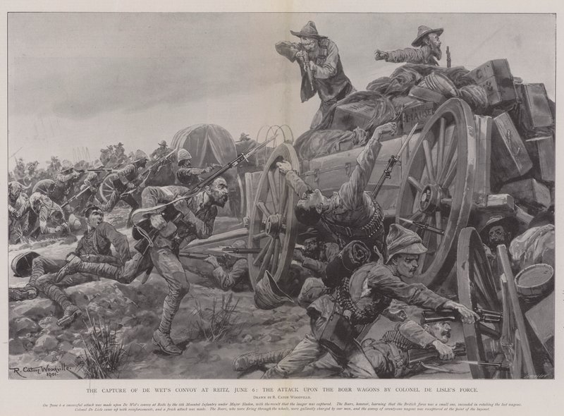 6月6日在Reitz夺取De Wet的车队，De Lisle上校的部队对Boer Wagons的攻击 作者 理查德·卡顿·伍德维尔初级