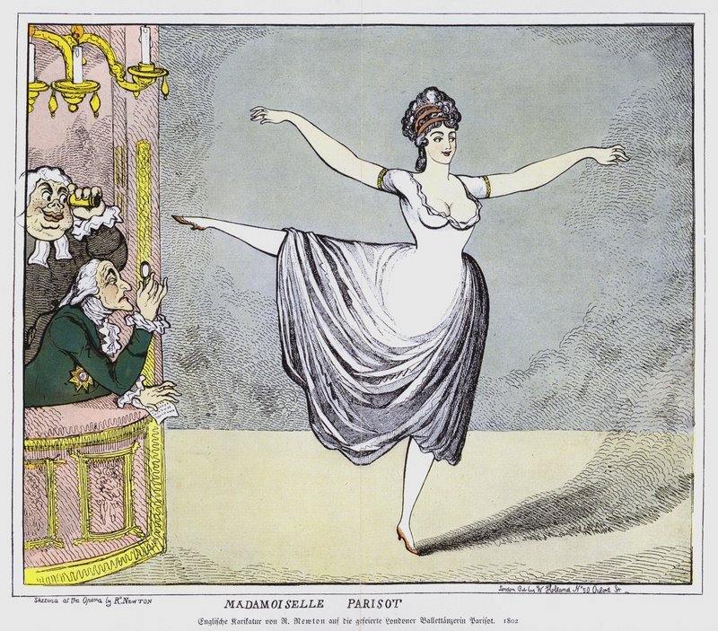 描绘男性观众的英文卡通被有争议的法国芭蕾舞演员Mademoiselle Parisot，1802年的表演所吸引 作者 理查德·牛顿