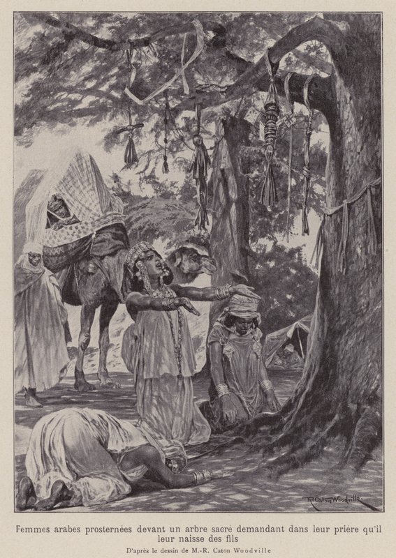 阿拉伯妇女在圣树前跪拜，祈求他们能得到孩子（石版画） 作者 理查德·卡顿二世（之后）伍德维尔