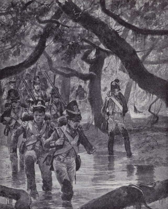 英国士兵穿越英属圭亚那埃塞奎博河的沼泽地 作者 理查德·卡顿二世（之后）伍德维尔