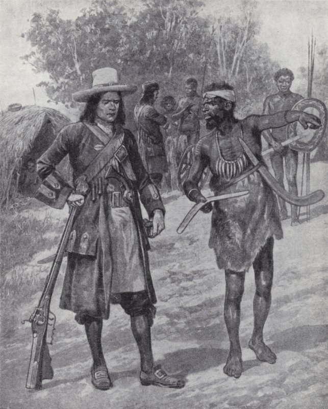 威廉·丹皮尔 (William Dampier) 在探索澳大利亚时与土著人在一起，17 世纪后期（石版画） 作者 理查德·卡顿二世（之后）伍德维尔