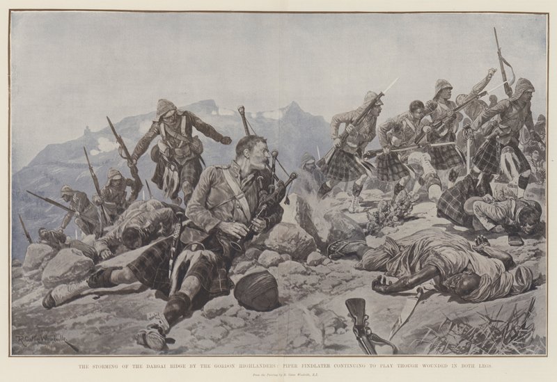 由Gordon Highlanders冲击Dargai山脊，Piper Findlater继续在两条腿受伤的情况下打球 作者 理查德·卡顿·伍德维尔初级