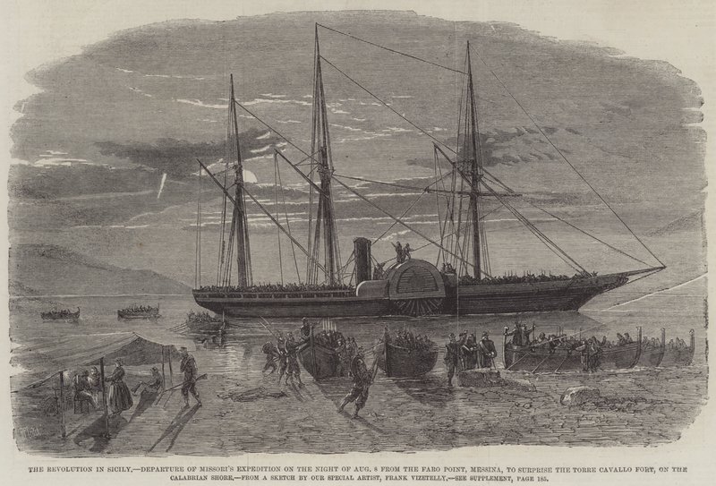 西西里岛的革命，8月8日晚上从墨西拿法鲁角出发的Missori&39;s Expedition，在卡拉布里亚海岸的托雷卡瓦洛堡惊喜 作者 理查德·普里恩·利奇