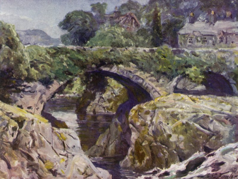 老桥，Bettws-y-Coed（彩色印刷）。 作者 罗伯特（后）福勒