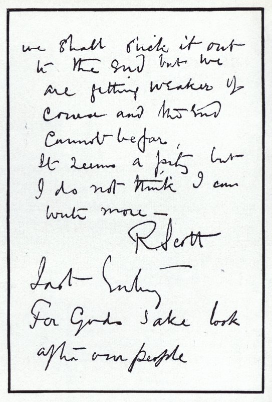极地探险家罗伯特·法尔肯·斯科特（Robert Falcon Scott）日记的最后一页，他是命运多舛的英国南极探险队的领队，1912 年 3 月 29 日（石版画） 作者 罗伯特·猎鹰·斯科特