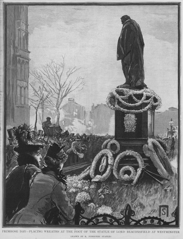 在英国政治家本杰明·迪斯雷利 (Benjamin Disraeli) 逝世周年纪念日，伦敦威斯敏斯特，他在英国政治家本杰明·迪斯雷利 (Benjamin Disraeli) 雕像脚下献花圈 作者 罗伯特·庞森比（后）斯台普斯