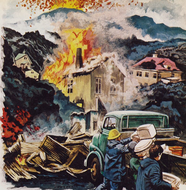 居民撤离冰岛海迈伊岛的 Vestmanna Ehjar 渔港（彩色石版画） 作者 罗杰·佩恩