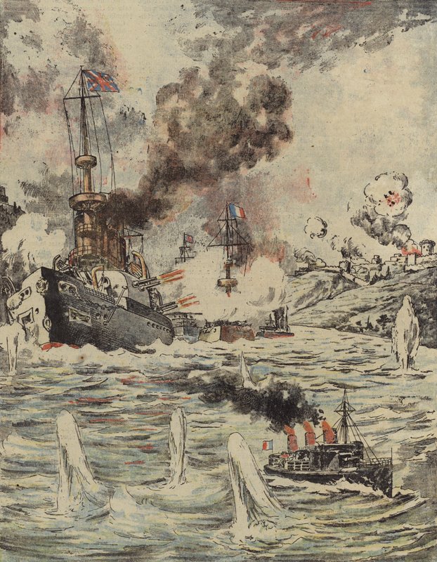 1915年，英国和法国的战舰轰炸了达达尼尔海峡的土耳其阵地 作者 罗马尼亚学校