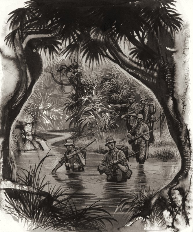 澳新军团士兵在二战巡逻中穿越丛林河流（水粉画纸） 作者 罗恩·恩布尔顿
