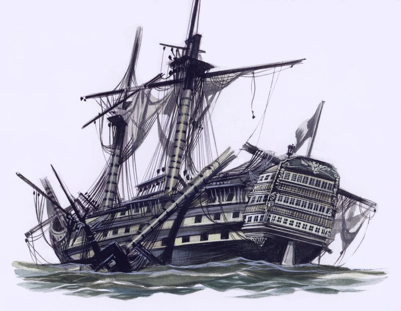 特拉法加海战后的胜利号，中桅被击落（纸面水粉画） 作者 罗恩·恩布尔顿