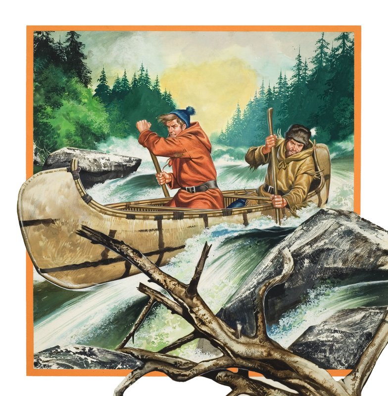 杰克-伦敦（1876-1917）乘独木舟旅行（水粉画，纸本） 作者 罗恩·恩布尔顿