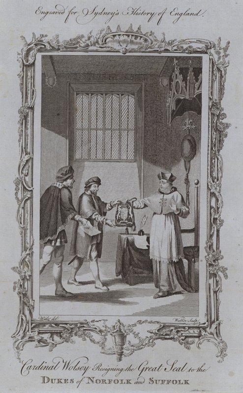 沃尔西红衣主教将国玺辞给诺福克和萨福克公爵（版画） 作者 塞缪尔（之后）鲸鱼