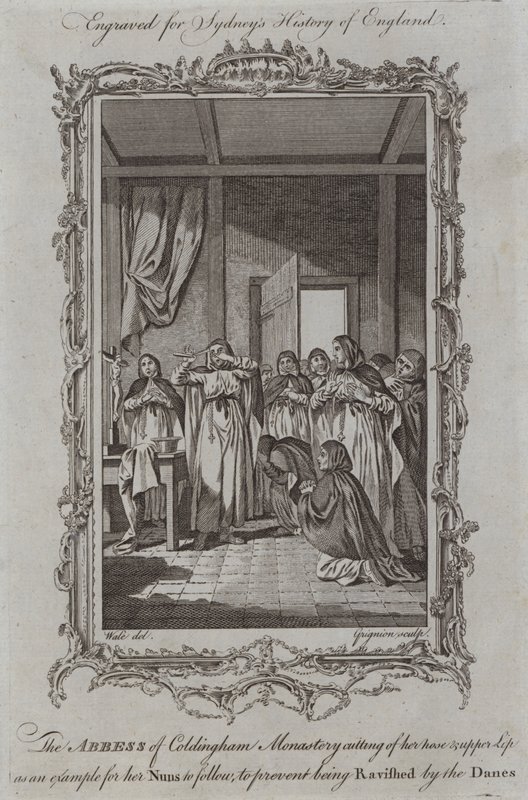 Coldingham Monastery 的女修道院院长切割她的鼻子和上唇，作为她的修女效仿的榜样，以防止被丹麦人蹂躏（雕刻） 作者 塞缪尔（之后）鲸鱼
