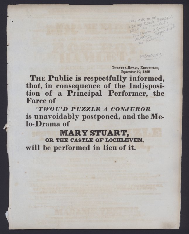 Notice of a change to the billed performance at the Theatre Royal, Edinburgh, 30 September 1829 (litho) 作者 苏格兰学派