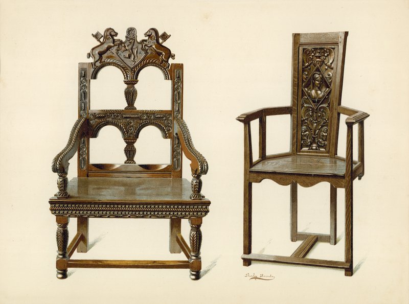 Oak Cacqueteuse椅子，Percy Macquoid的财产; Yew Chair，利兹公爵（chromolitho）的财产 作者 雪莉·查尔斯·莱韦林·斯洛科姆