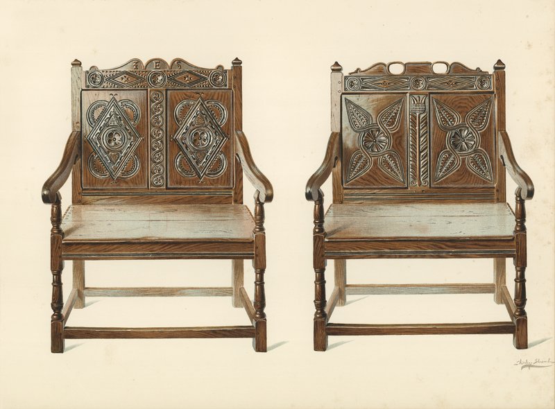 橡木双人椅（威尔士），H Clarence Whaite（chromolitho）的财产 作者 雪莉·查尔斯·莱韦林·斯洛科姆