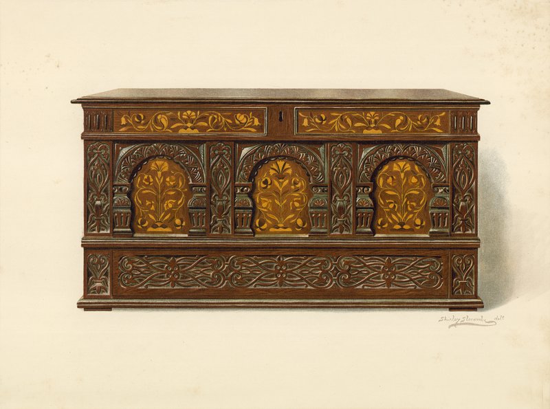 橡木镶嵌胸部，亚瑟詹姆斯（chromolitho）的财产 作者 雪莉·查尔斯·莱韦林·斯洛科姆