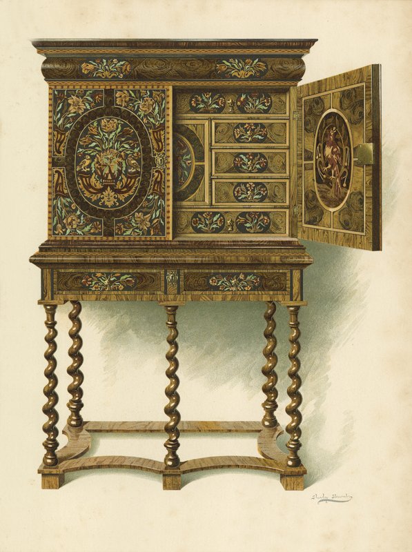 Walnut Cabinet镶嵌着Marqueterie，The Charlotte Maria Lady North和R Eden Dickson（chromolitho）的财产 作者 雪莉·查尔斯·莱韦林·斯洛科姆