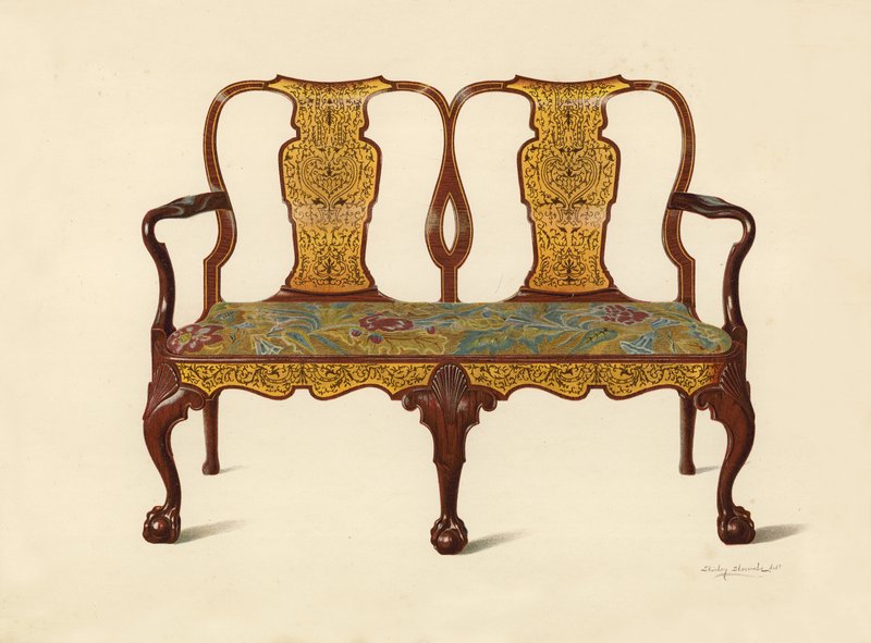 核桃长椅镶嵌着Marqueterie，Percy Macquoid（chromolitho）的财产 作者 雪莉·查尔斯·莱韦林·斯洛科姆