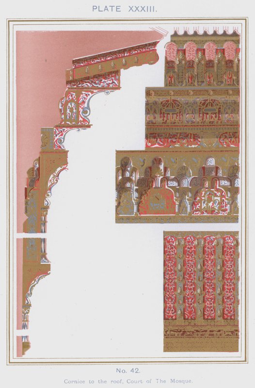 屋顶的檐口，清真寺法庭（彩色平版印刷）。 作者 西班牙语学校