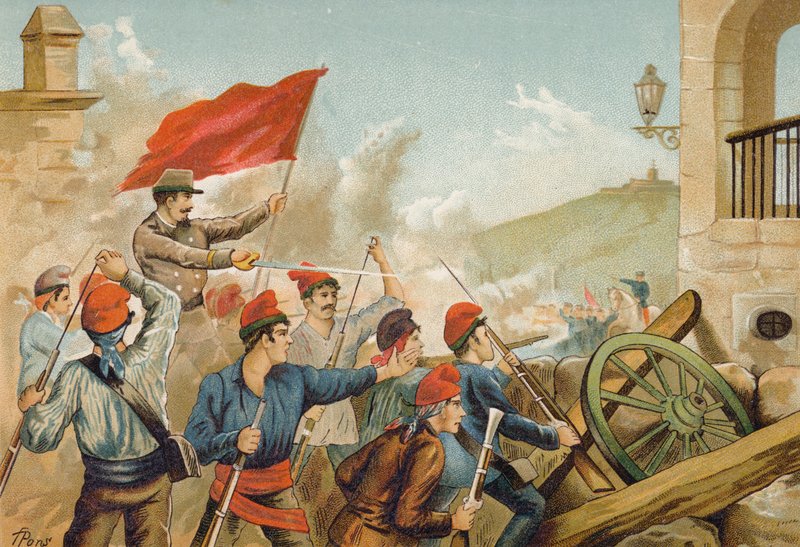 共和党志愿者和士兵之间的战斗，萨里亚，巴塞罗那，1874年 作者 西班牙语学校