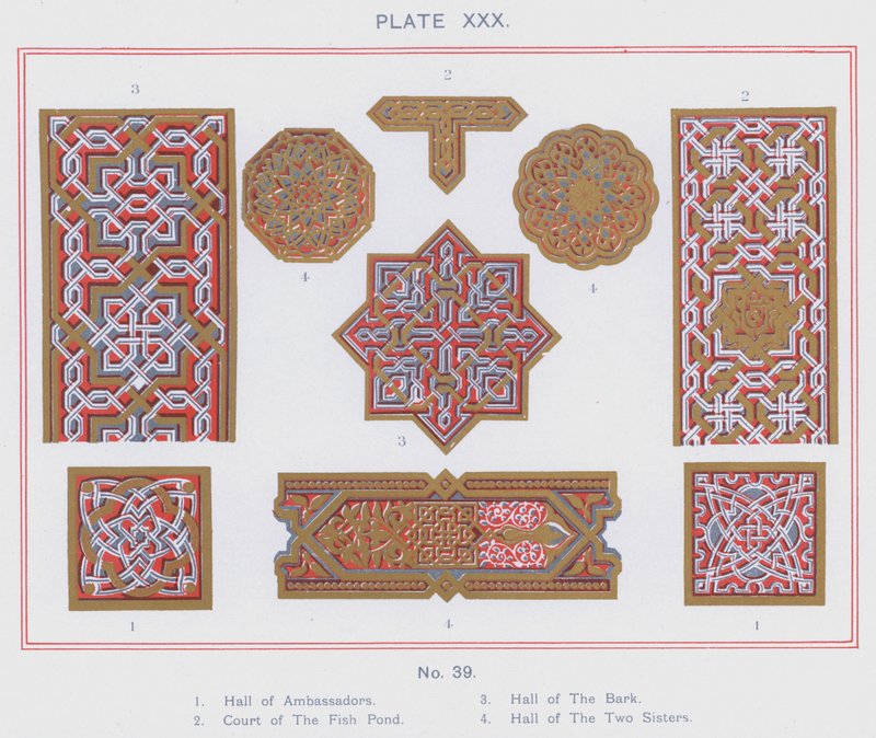 Hall of Ambassadors, Court of The Fish Pond, Hall of The Bark, Hall of The Two Sisters (colour litho) 作者 西班牙语学校