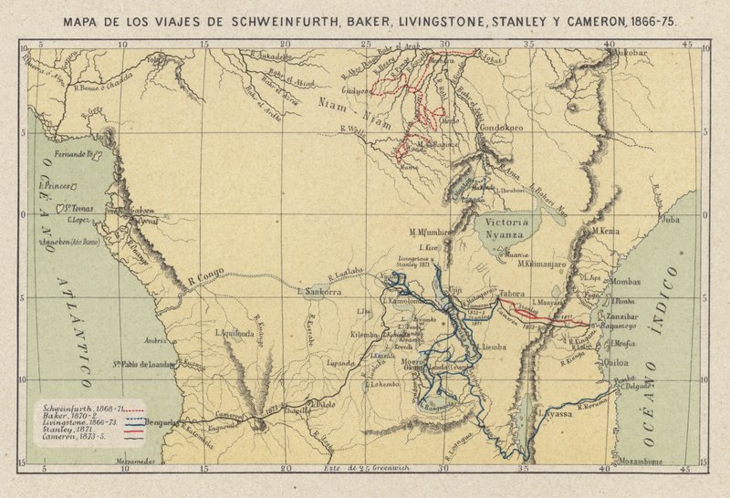Map showing the journeys of the explorers Georg August Schweinfurth, Samuel Baker, David Livingstone, Henry Morton Stanley and Verney Lovett Cameron in Africa 作者 西班牙语学校