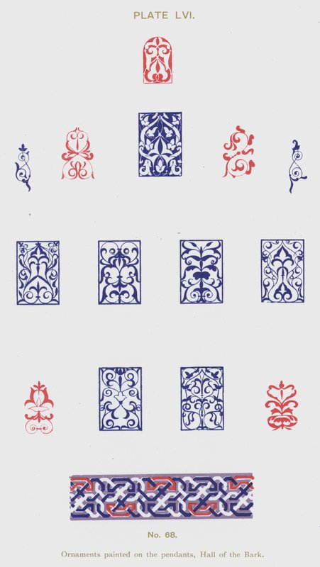 画在吊坠上的装饰品，树皮大厅（彩色平版印刷）。 作者 西班牙语学校