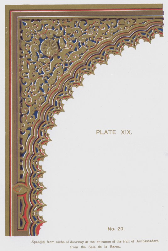 来自大使厅入口处门口壁龛的拱肩，来自 Sala de la Barca（彩色石版画） 作者 西班牙语学校