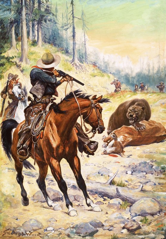 American cowboys surround a bear crouched over the body of a cow 作者 斯坦利·伍德