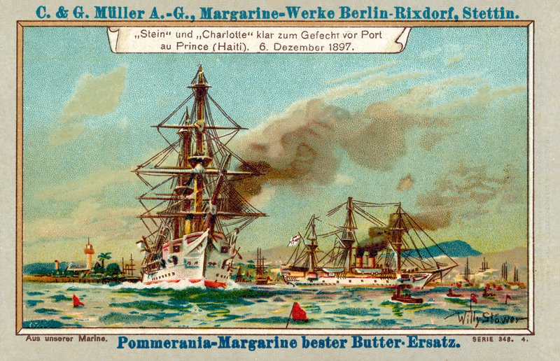 1897年12月6日在Luders事件期间，德国战舰Stein和Charlotte在海地太子港港口（chromolitho） 作者 Stoewer Willy