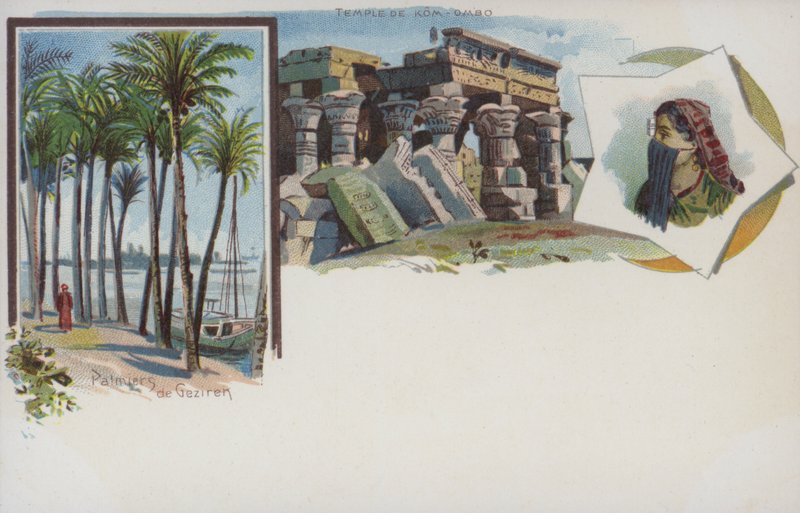 埃及场景：开罗吉济拉尼罗河畔的棕榈树和康翁波神庙（chromolitho） 作者 瑞士学校