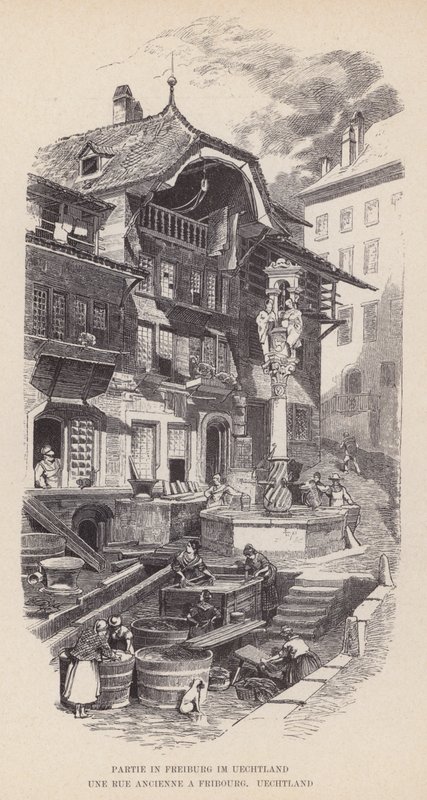 在弗莱堡 im üechtland, Une Rue Ancienne a 弗里堡, 乌希特兰 (雕刻) 作者 瑞士学校