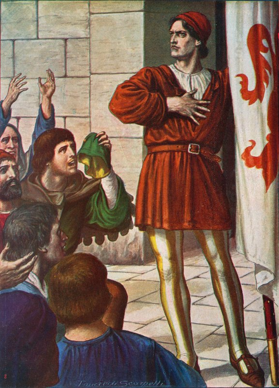 米歇尔迪兰多在欢腾的人群面前，1378年 作者 坦克雷迪·斯卡佩利