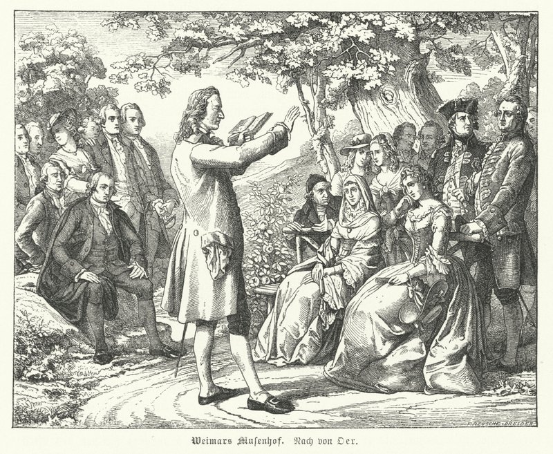 The Weimar Court of the Muses: German poet and playwright Friedrich Schiller reading at Schloss Tiefurt, with Christoph Martin Wieland, Johann Wolfgang Goethe and Johann Gottfried Herder among those listening (engraving) 作者 西奥博尔德·莱因霍尔德·冯·厄尔