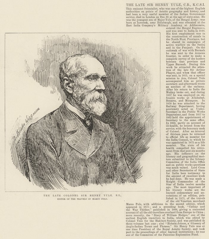 已故上校Sir Henry Yule，RE，马可波罗游记的编辑 作者 西奥多·布莱克·威格曼