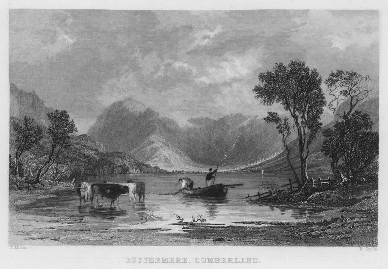坎伯兰省布特米尔（Buttermere）（雕版画）。 作者 托马斯（后）Allom
