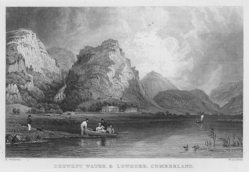 坎伯兰的德温特水和洛多（Derwent Water, and Lowdore）（雕刻版）。 作者 托马斯（后）Allom