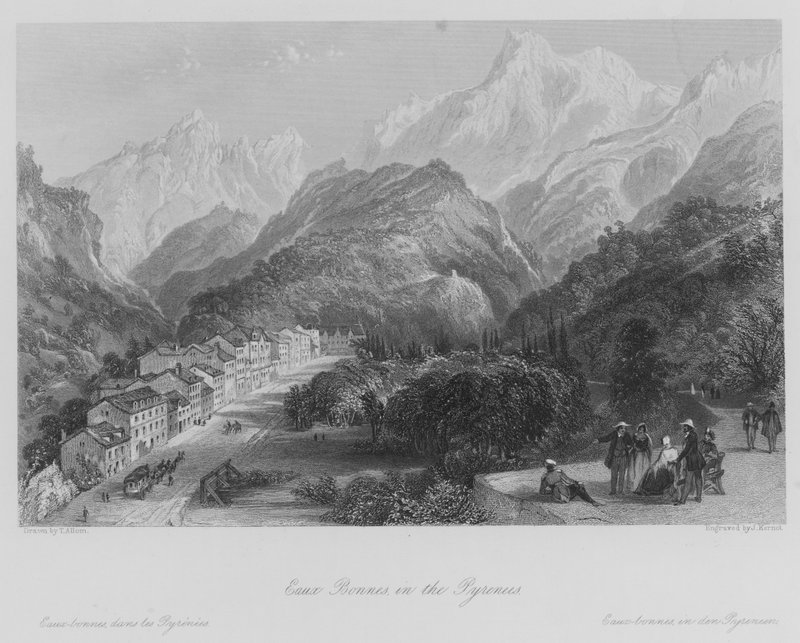 比利牛斯山脉的Eaux Bonnes（雕刻）。 作者 托马斯（后）Allom