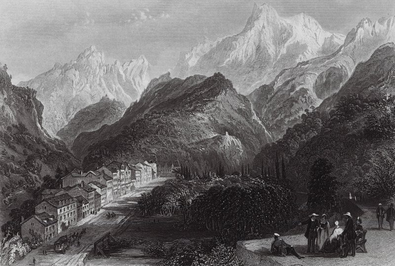 比利牛斯山脉的博讷河（雕刻） 作者 托马斯（后）Allom