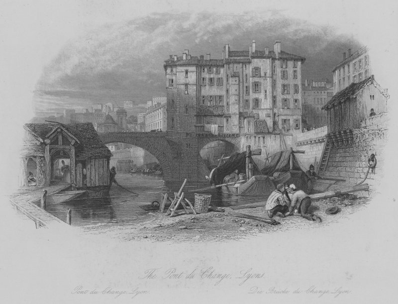 里昂的变革之桥（雕刻）（The Pont du Change）。 作者 托马斯（后）Allom