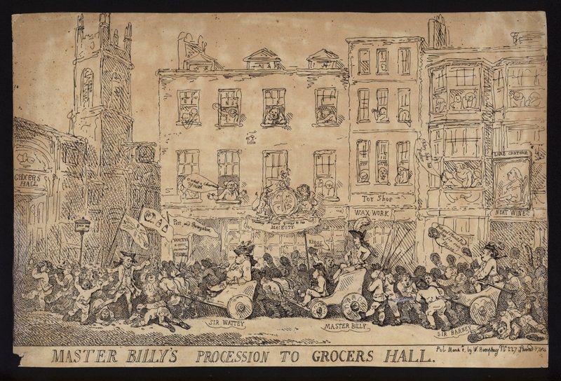 比利大师游行到杂货店； 对小威廉·皮特 (William Pitt the Younger) 前往杂货店大厅以获得伦敦金融城自由的游行的政治讽刺 作者 托马斯（继）罗兰森