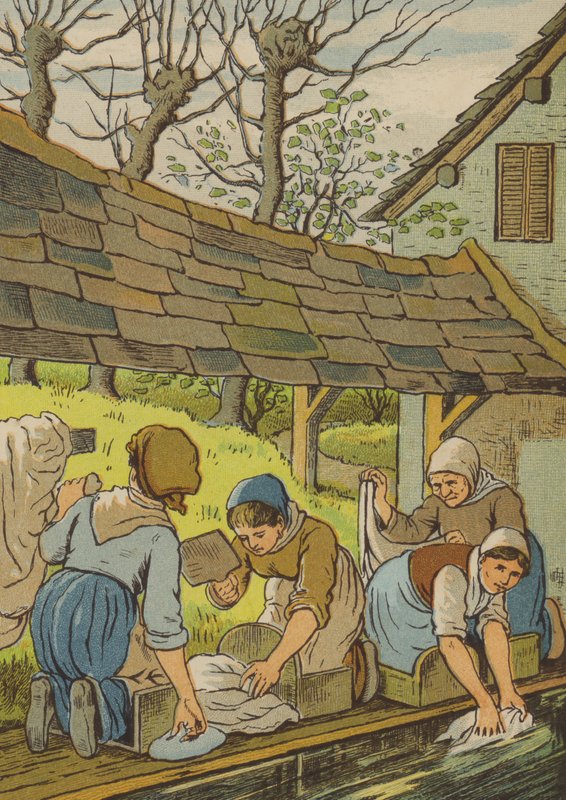 卡昂：洗衣女工（彩色平版印刷）。 作者 托马斯·克莱恩（Thomas Crane）
