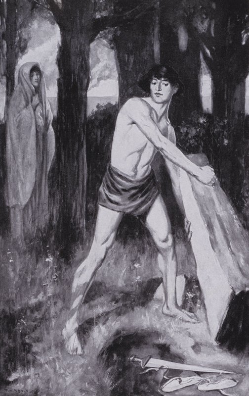 特修斯举起它，把它翻过来（石版画） 作者 汤玛斯·希思·罗宾逊