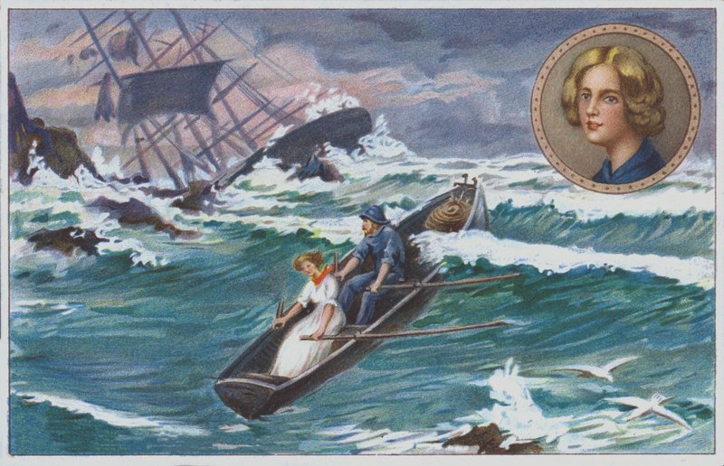1838 年，格蕾丝-达令（Grace Darling）与父亲一起划船营救遇难船只 "Forfarshire "号上的幸存者。色谱 作者 未知艺术家