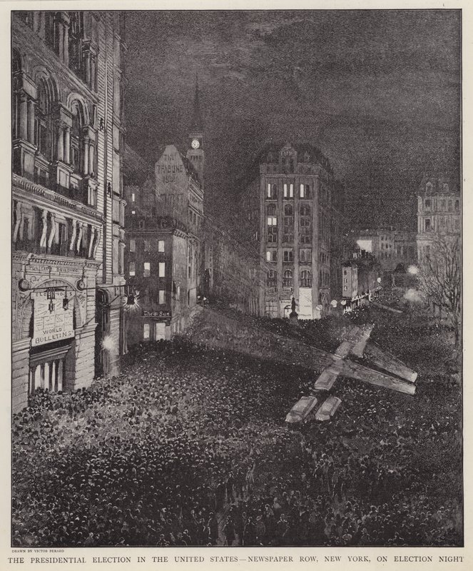 1892 年 11 月 8 日美国总统大选当晚，纽约市报纸街（石版画） 作者 V.佩拉德