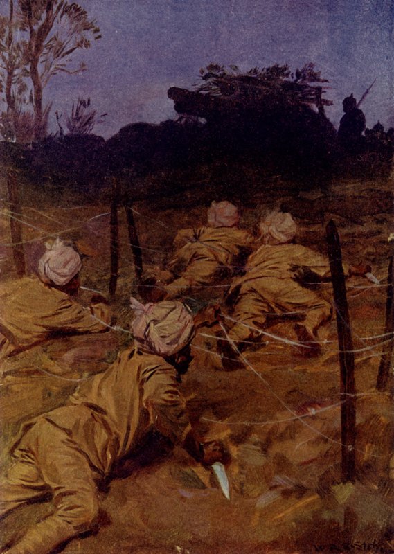 印度士兵像猫一样悄无声息地向前爬行（彩色石版画） 作者 WRS（后）斯托特
