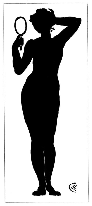 拿着镜子的裸体女人剪影（平版）。 作者 沃尔特克兰